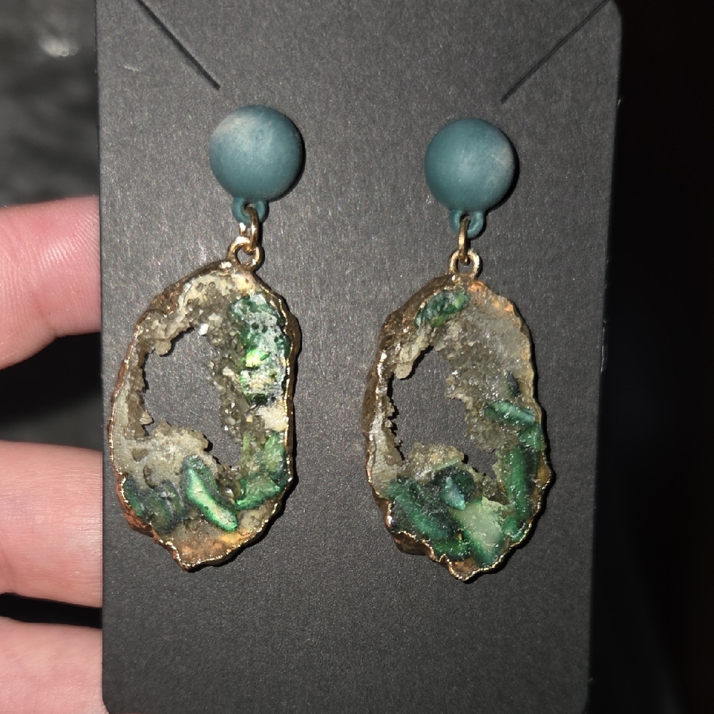 Green and Gold Geode Drop Earrings